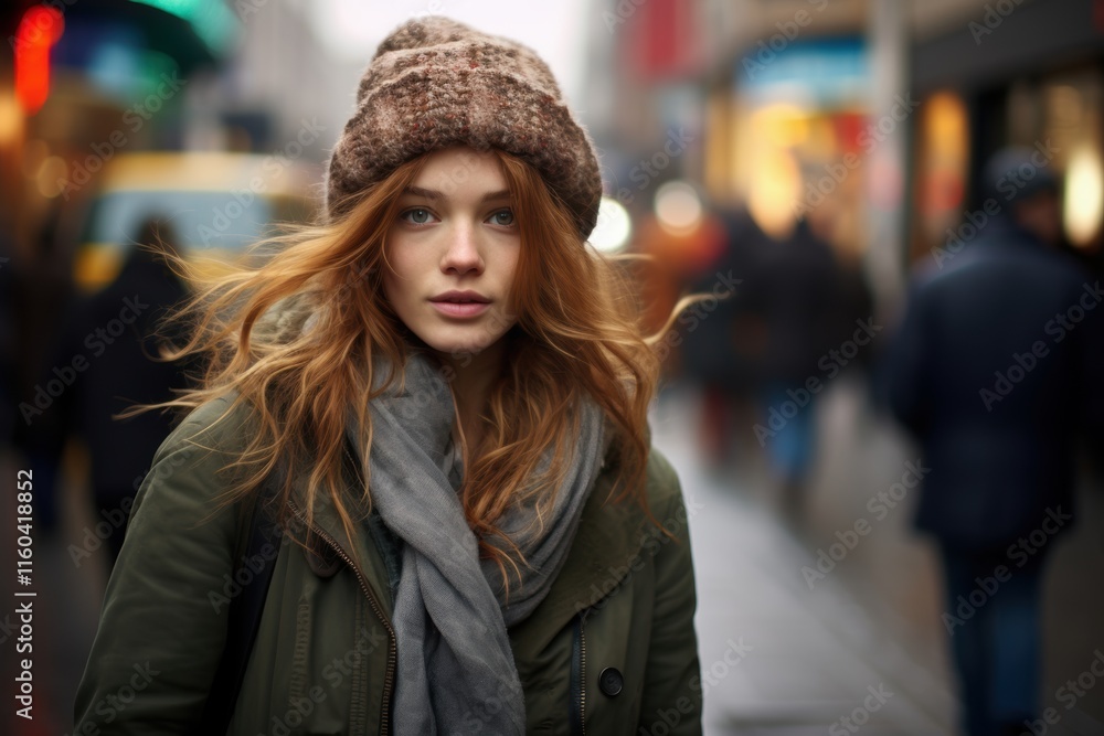 A woman with red hair and a brown hat is walking down a street A woman with red hair and a brown hat is walking down a street
