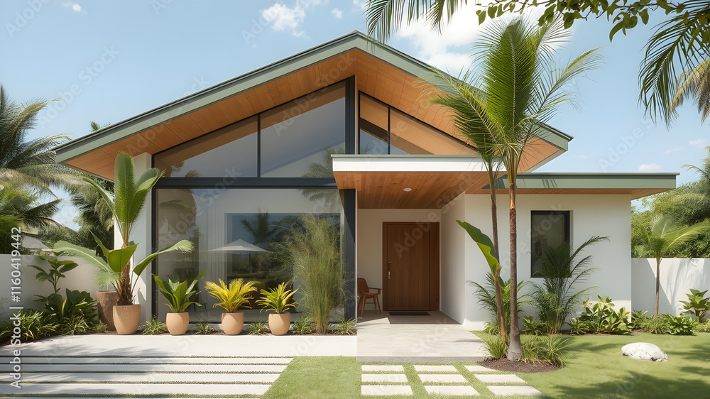 Fototapeta premium house project natural materials light colours glass modern style tropical plants sustainable building solar panels green roof light colours pitched roof big site