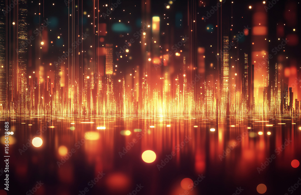 Obraz premium 4-Abstract cityscape background featuring bokeh lights and glowing neon effects on a dark red gradient. Blurry digital city elements with pixel patterns create a vibrant, high-resolution design