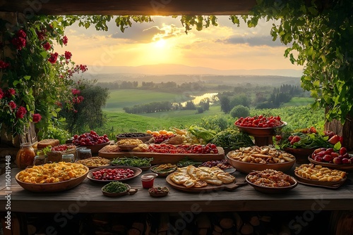 Bountiful Rustic Harvest Spread at Sunset - Generative AI