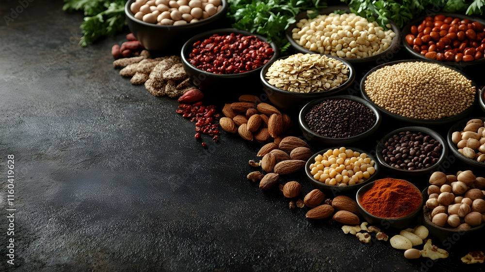 Variety of beans, lentils, grains, nuts, and spices displayed in bowls and scattered on a dark textured surface. Variety of beans, lentils, grains, nuts, and spices displayed in bowls and scattered on a dark textured surface.