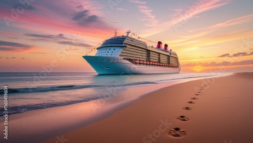 A serene sunset beach view with warm golden sand and gentle waves gently lapping at the shore, featuring a majestic cruise ship majestically sailing in the distance, its towering decks and vibrant fla