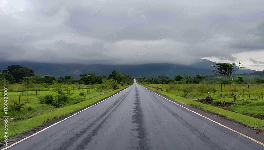 Fototapeta premium Straight highway road with black rain clouds natural landscape before the rainstorm