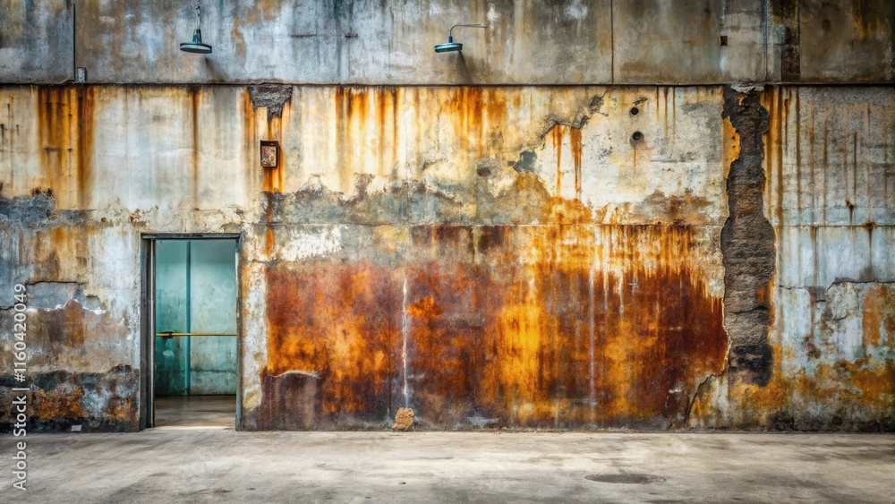 A weathered concrete wall with rust stains, a doorway, and old lights, presenting a rustic and aged industrial backdrop A weathered concrete wall with rust stains, a doorway, and old lights, presenting a rustic and aged industrial backdrop