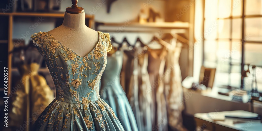 Obraz premium A dress form displayed in a fashion studio, with a beautifully designed dress draped on it.
