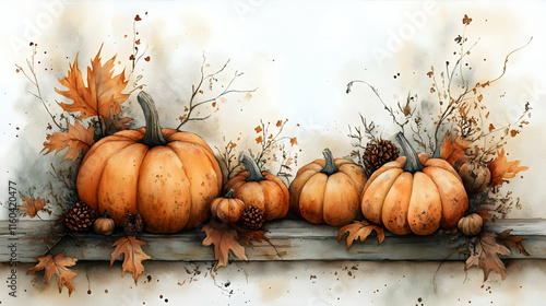Fototapeta Naklejka Na Ścianę i Meble -  Watercolor Pumpkins and Autumn Leaves Sit Elegantly on Rustic Wood Shelf