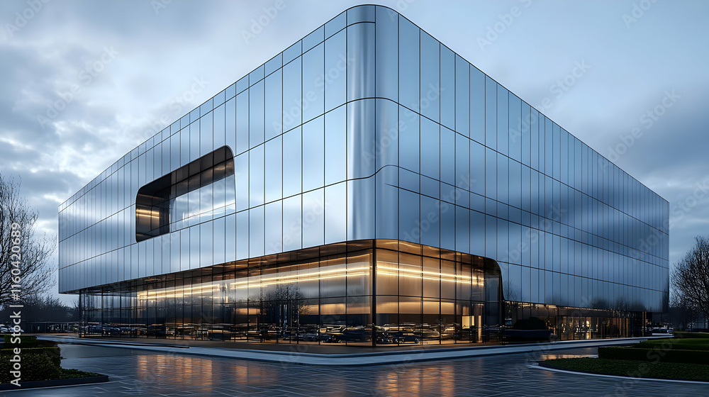 Modern Glass Building Shines at Dusk with Warm Interior Lights Beautifully Modern Glass Building Shines at Dusk with Warm Interior Lights Beautifully