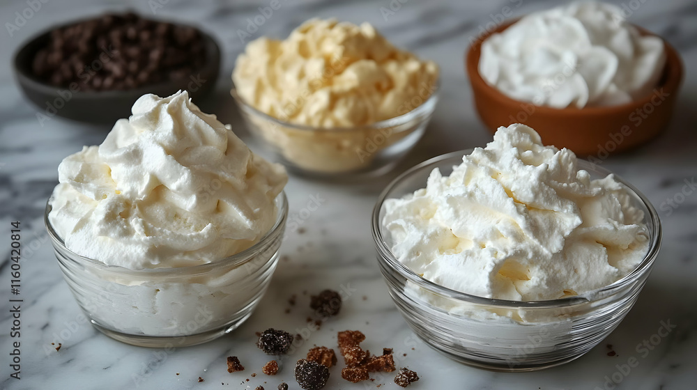 Whipped Cream and Toppings Beautifully Arranged on a Marble Table with Chocolate and Crumbles