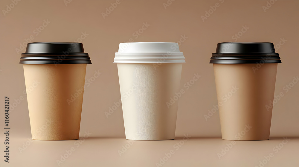 Three Disposable Coffee Cups Stand on a Minimalist Brown Background for a Clean and Modern Look Three Disposable Coffee Cups Stand on a Minimalist Brown Background for a Clean and Modern Look