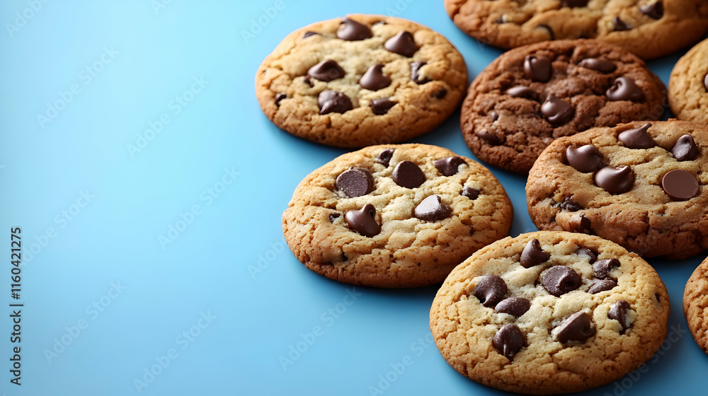 Chocolate Chip Cookies on a Blue Background: A Sweet Treat Display Chocolate Chip Cookies on a Blue Background: A Sweet Treat Display
