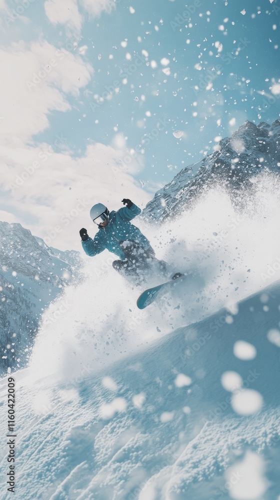 Naklejka premium a snowboarder caught in midair, performing a dynamic spin with snowflakes swirling around them against a mountain backdrop, representing the thrill of World Snowboard Day,