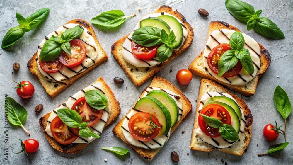 Aromatic Toasted Bread Slices Topped with Creamy Cheese, Sliced Tomatoes, Fresh Basil, and Cucumbers, Drizzled with a Dark Balsamic Glaze Aromatic Toasted Bread Slices Topped with Creamy Cheese, Sliced Tomatoes, Fresh Basil, and Cucumbers, Drizzled with a Dark Balsamic Glaze