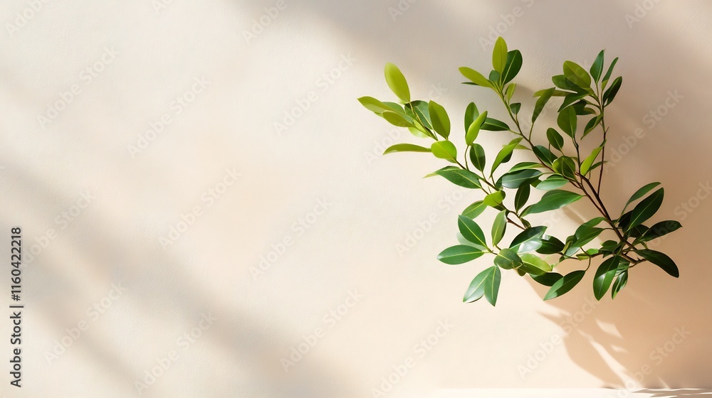 Obraz premium Vibrant Green Sprig Photo: Softly Lit Minimalist Mockup on Neutral Background. AI Generated