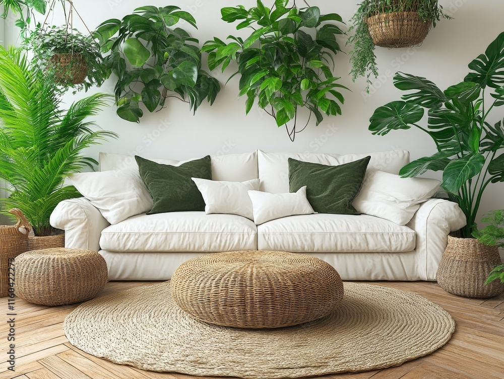 A cozy living room with plants, a sofa, and natural decor elements. A cozy living room with plants, a sofa, and natural decor elements.