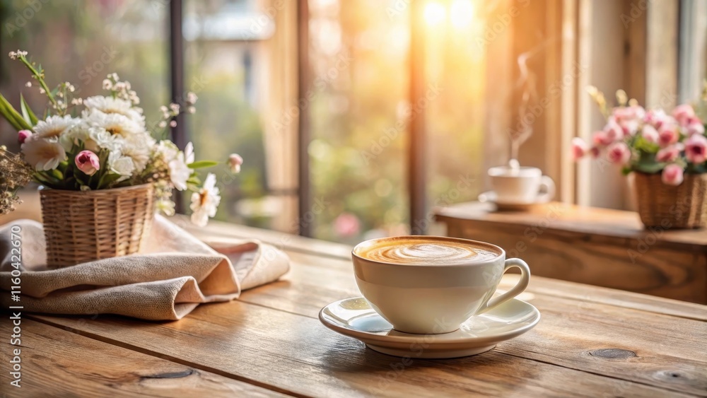 Warm morning light streams through a window, illuminating a steaming cup of cappuccino on a rustic wooden table, next to a charming arrangement of delicate flowers in a woven basket. Warm morning light streams through a window, illuminating a steaming cup of cappuccino on a rustic wooden table, next to a charming arrangement of delicate flowers in a woven basket.