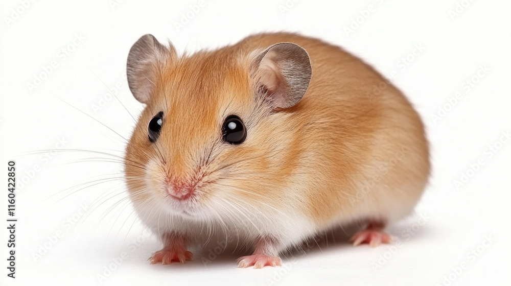 A cute, fluffy hamster with light brown fur and large black eyes, sitting on a white background, showcasing its adorable features. A cute, fluffy hamster with light brown fur and large black eyes, sitting on a white background, showcasing its adorable features.