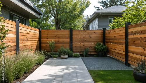 Modern Wooden Fence Encloses a Serene Patio Oasis 