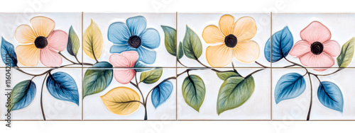 Floral ceramic tiles with hand painted motifs creating a soft pastel floral pattern photo