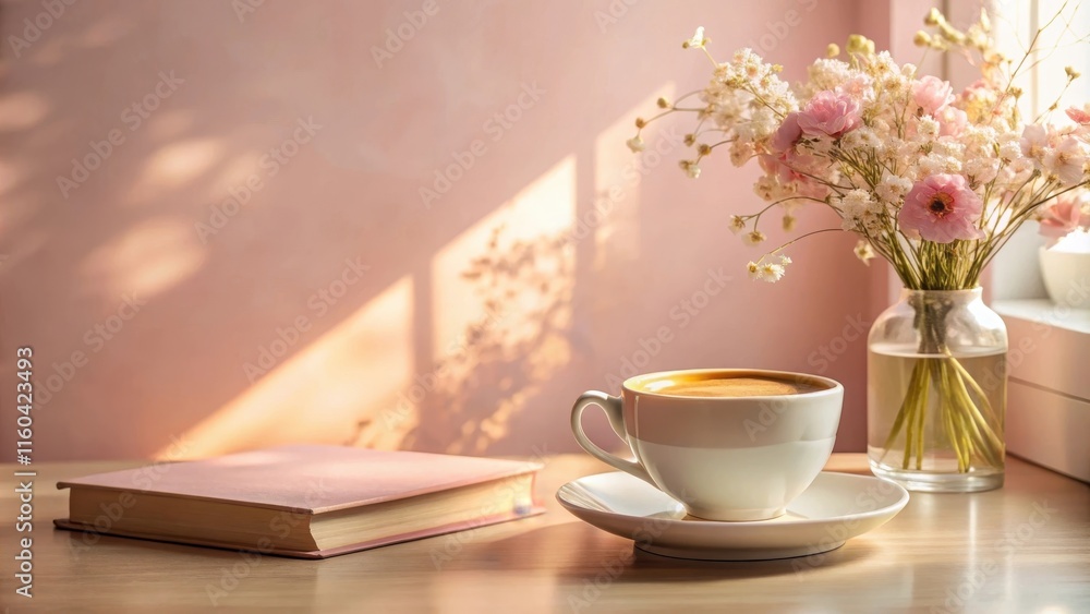 Serene morning ambiance a warm cup of coffee, a book, and delicate flowers bathed in sunlight on a wooden table Serene morning ambiance a warm cup of coffee, a book, and delicate flowers bathed in sunlight on a wooden table