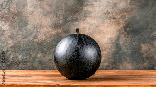 Densuke watermelon sitting on wooden table against textured background photo