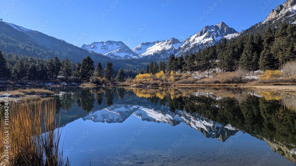 Mountain lake reflects snowy peaks and autumn trees Mountain lake reflects snowy peaks and autumn trees