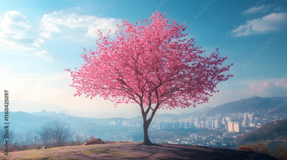 A magnificent and beautiful cherry blossom tree standing alone, with a beautiful view of the city buildings A magnificent and beautiful cherry blossom tree standing alone, with a beautiful view of the city buildings