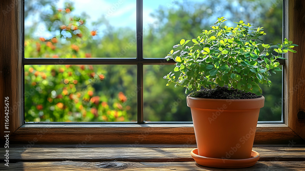 Photo - Potted Plant on Windowsill with Garden View Photo - Potted Plant on Windowsill with Garden View