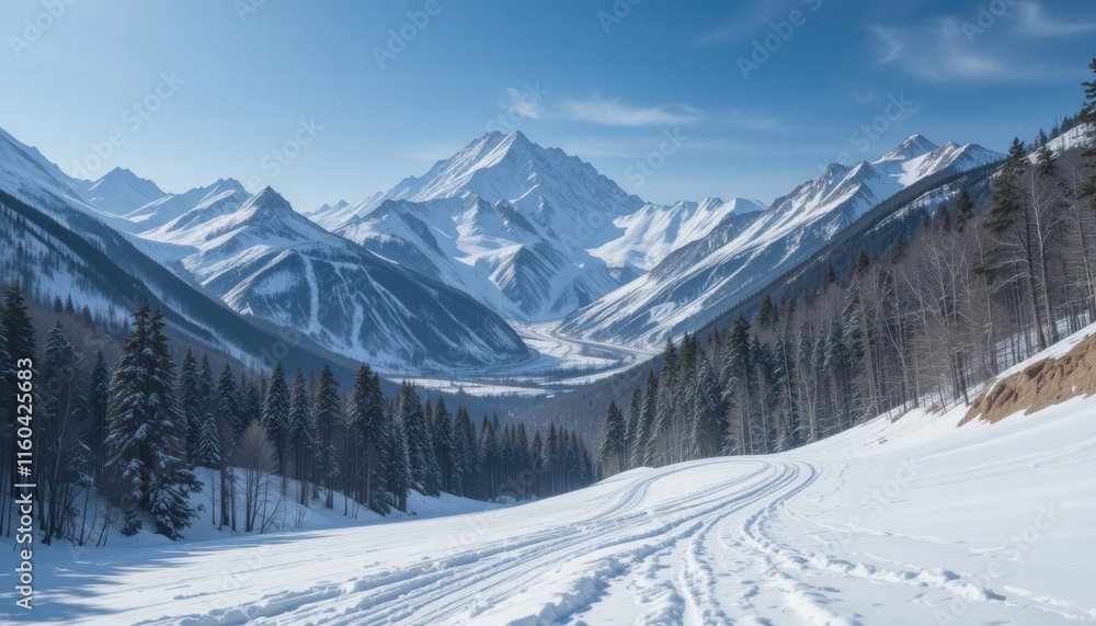 A snow covered mountain range with a road running through it A snow covered mountain range with a road running through it
