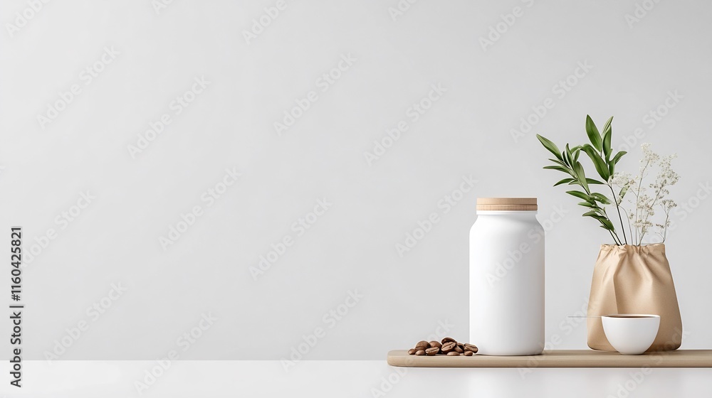 Clean Minimalist Product Mockup: Close-Up Photo of Jars & Packaging on Wooden Tray. AI Generated Clean Minimalist Product Mockup: Close-Up Photo of Jars & Packaging on Wooden Tray. AI Generated