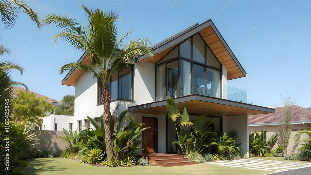 Fototapeta premium house project natural materials light colours glass modern style tropical plants sustainable building solar panels green roof light colours pitched roof big site