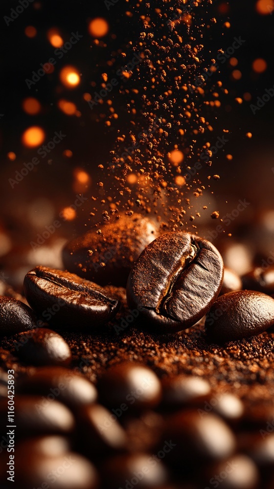 Roasted Coffee Beans with Ground Coffee Dust Explosion Roasted Coffee Beans with Ground Coffee Dust Explosion