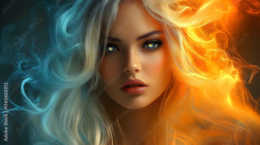 Illustration of Woman with Fire and Ice Hair Illustration of Woman with Fire and Ice Hair