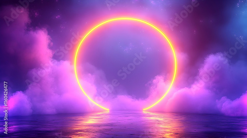 Wallpaper Mural Abstract Background - Neon Circle, Purple Mist, and Reflective Surface Torontodigital.ca