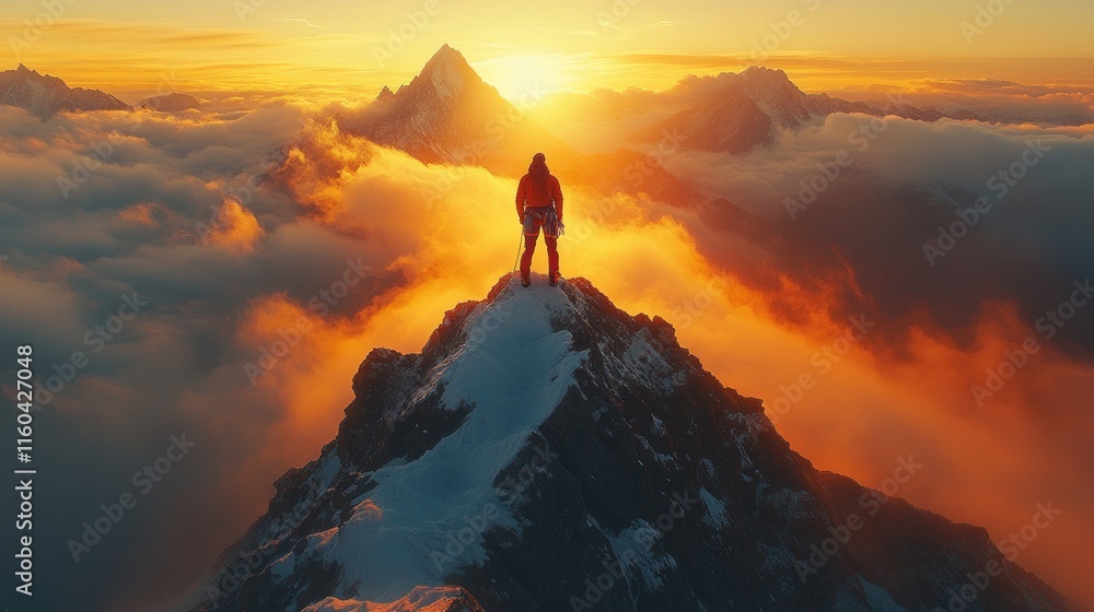 A lone figure stands triumphantly atop a peak at sunrise, surrounded by breathtaking cloud ocean. A lone figure stands triumphantly atop a peak at sunrise, surrounded by breathtaking cloud ocean.