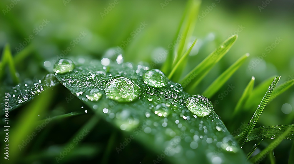 Photo - Dew Drops on Green Grass Blades and Leaf, Nature Macro Photography Photo - Dew Drops on Green Grass Blades and Leaf, Nature Macro Photography