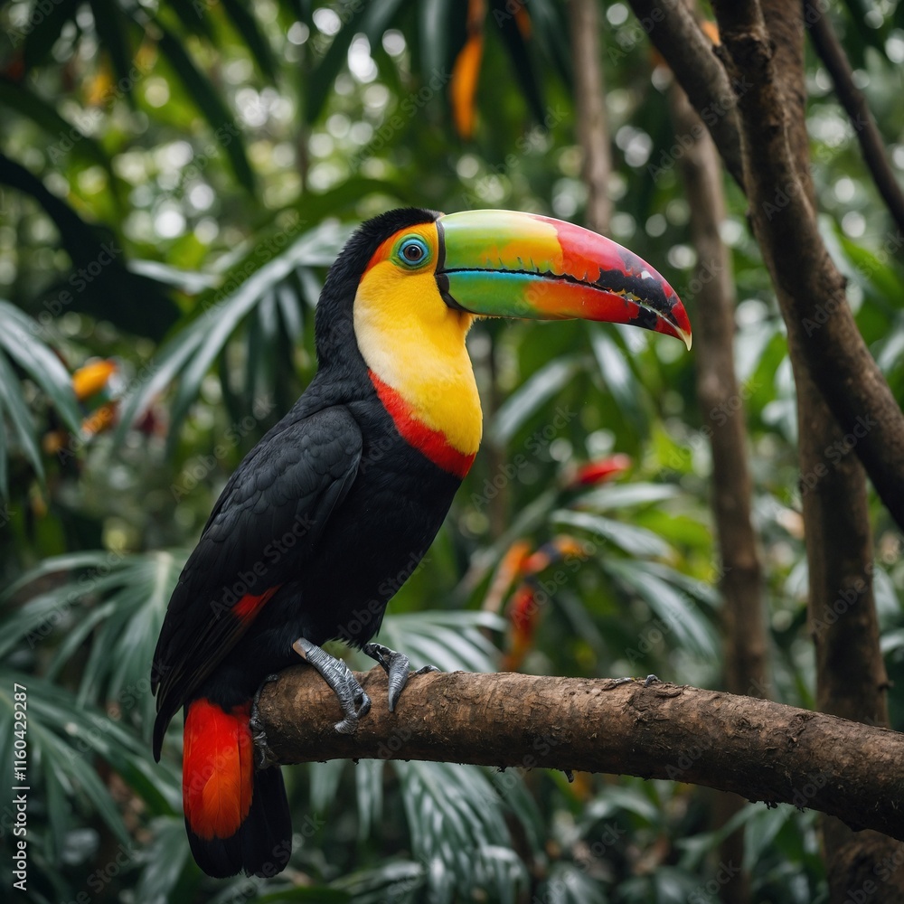 Obraz premium A toucan with a vivid beak in a tropical forest.