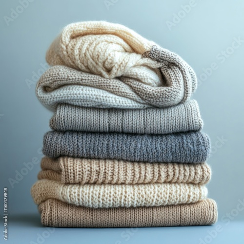 Stack of folded neutral-toned knit sweaters.