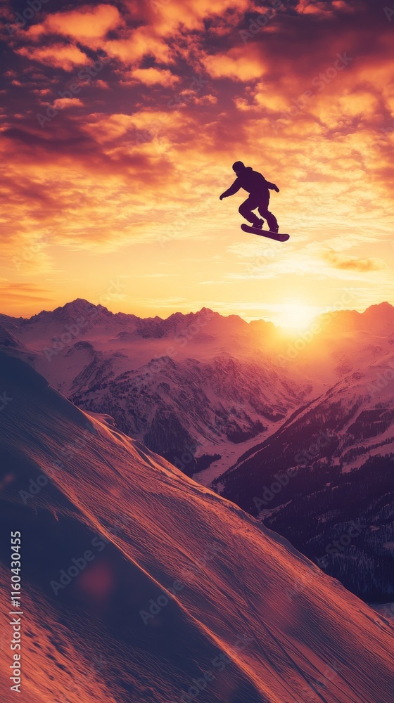 a silhouette of a snowboarder flying through a glowing sunset sky, casting a long shadow over the snowy mountains, celebrating World Snowboard Day, a silhouette of a snowboarder flying through a glowing sunset sky, casting a long shadow over the snowy mountains, celebrating World Snowboard Day,