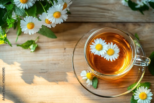 Herbal tea with fresh chamomile flowers on black wooden background
