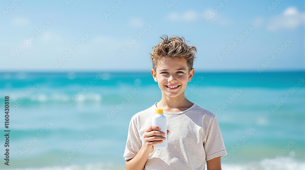Boy holding sunscreen smiling on sunny beach with ocean background Boy holding sunscreen smiling on sunny beach with ocean background