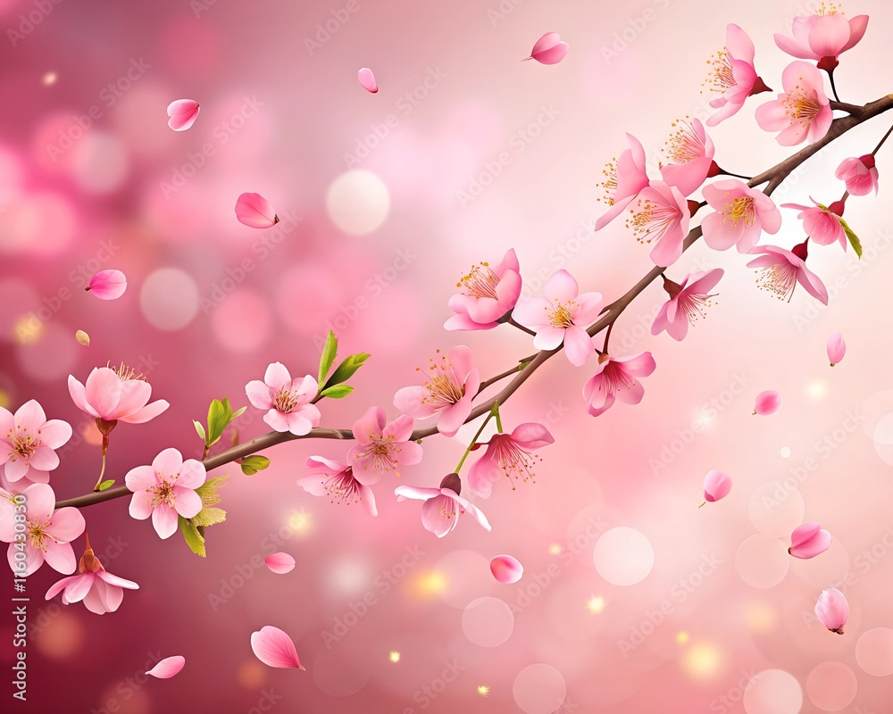 Fototapeta premium Beautiful cherry blossom branch on pink background. Cherry petals are falling.