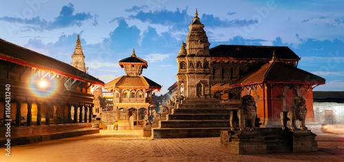 BHAKTAPUR, NEPAL. Bhaktapur Durbar Square, the square in front of the royal palace of the old Bhaktapur Kingdom, illuminated at night.