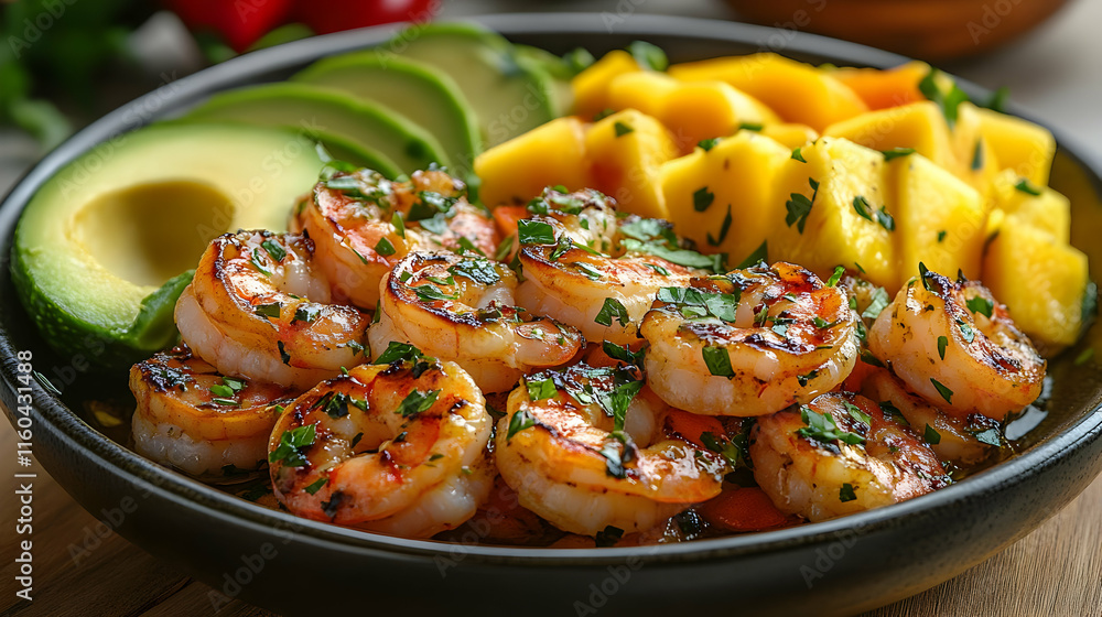 Photo Grilled Shrimp Avocado Mango Parsley Healthy Meal Delicious Cuisine Dinner Lunch Gourmet Photo Grilled Shrimp Avocado Mango Parsley Healthy Meal Delicious Cuisine Dinner Lunch Gourmet
