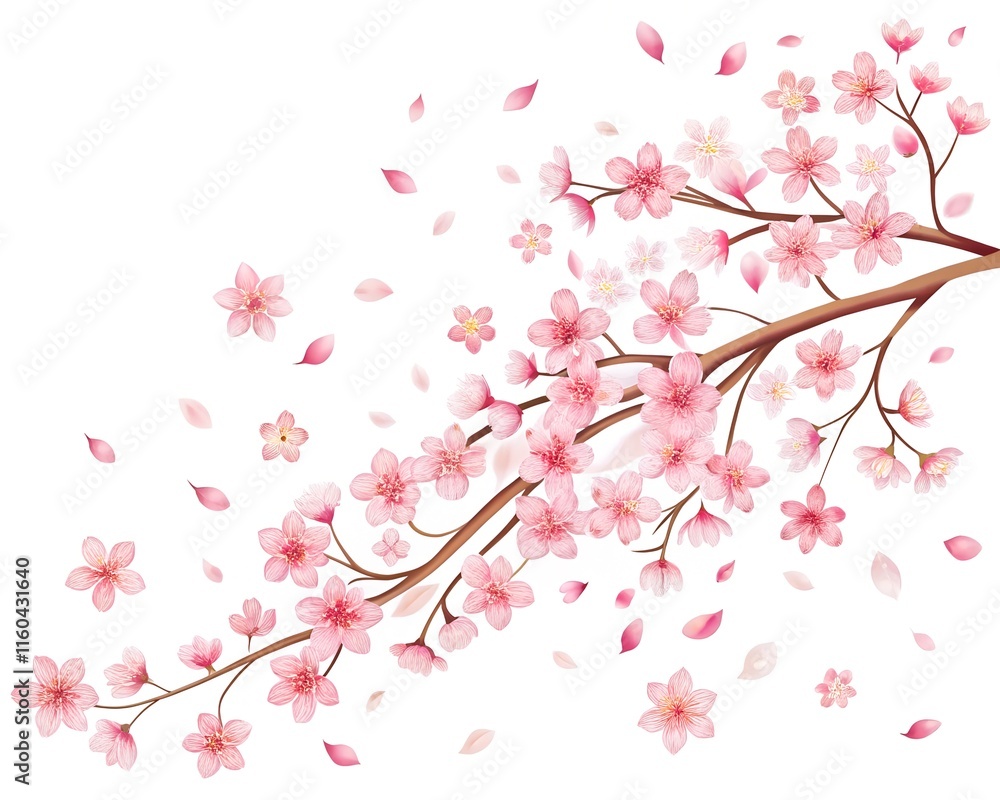 Beautiful cherry blossom branch on white background Flat space for text. Cherry petals are falling. Beautiful cherry blossom branch on white background Flat space for text. Cherry petals are falling.