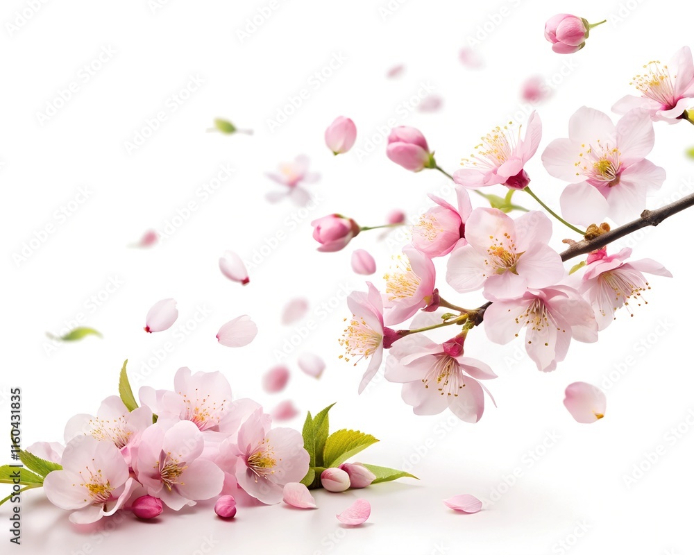 Beautiful cherry blossom branch on white background Flat space for text. Cherry petals are falling. Beautiful cherry blossom branch on white background Flat space for text. Cherry petals are falling.