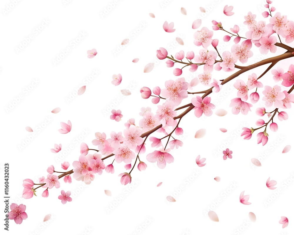 Beautiful cherry blossom branch on white background Flat space for text. Cherry petals are falling. Beautiful cherry blossom branch on white background Flat space for text. Cherry petals are falling.