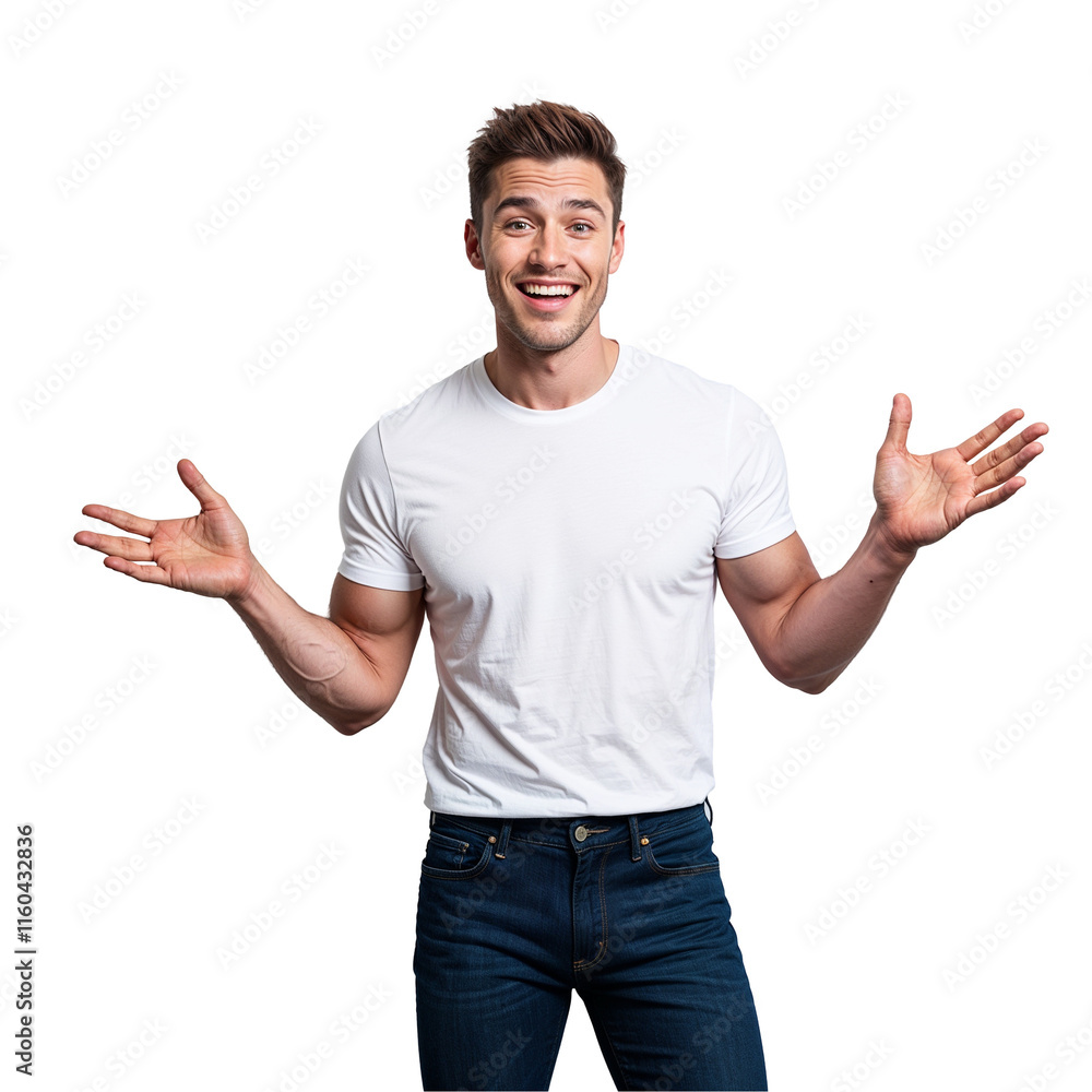 Cheerful Man in White T-Shirt and Jeans Expresses Excitement Cheerful Man in White T-Shirt and Jeans Expresses Excitement