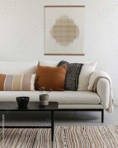 Neutral living room sofa with layered pillows. Beige wall art above a white couch and black coffee table. Calm comfort and modern balance. Ideal for interior design moodboards and real estate