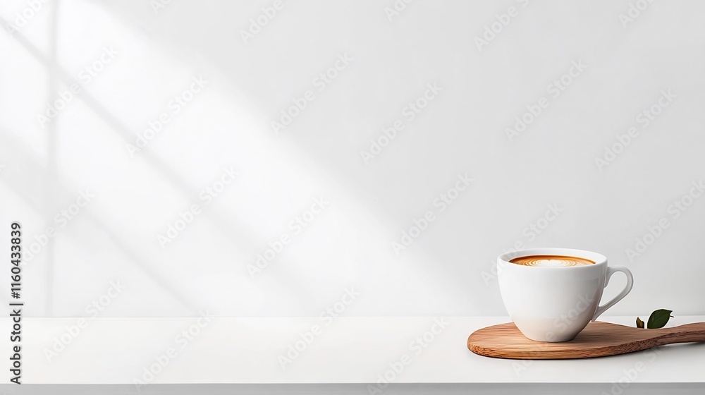 Obraz premium Close-up Photo: Creamy Coffee Rests Serene on Wooden Tray, Sunlight Streaming In. AI Generated