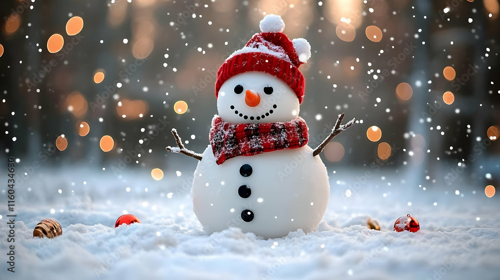 Illustration - Snowman in Snowy Scene with Festive Ornaments Illustration - Snowman in Snowy Scene with Festive Ornaments